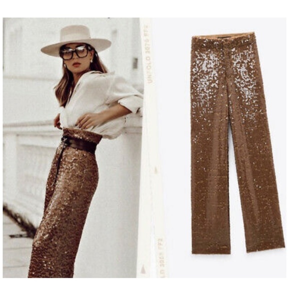 ZARA NWT BROWN / TAUPE SEQUIN WIDE LEG PANTS